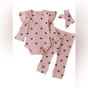Pink Heart Print Baby Outfit Set